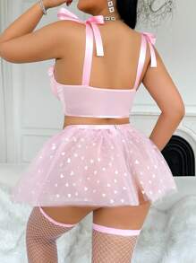 PetitDoll 5 Pieces Set: Plus Size Floral Decor Heart Tulle Puff Skirt, Sexy Bowknot Garter & Mesh Stockings - Pink - View 2