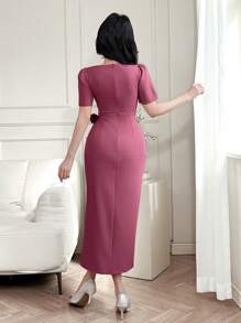 xheDAZY Vestido maxi de verano para mujer con lazo decorativo y pliegues con abertura frontalxhe - Rosa Fucsia - Ver 6