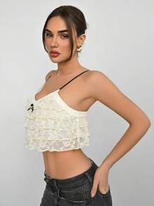 Aloruh Women's Solid Color Patchwork Bow Decor Spaghetti Strap Casual Tank Top - Apricot - View 4