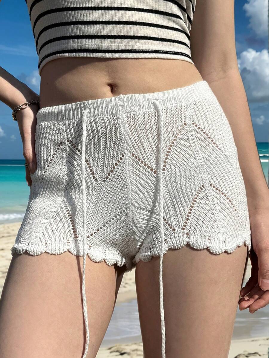 SHEIN EZwear 女士纯色镂空抽绳腰休闲短裤 - 白色 - 查看 1