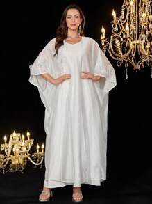 Al Najma 2pcs Set Women Loose White Robe + Tank Dress, Thin Floral 3D Design, Spring/Summer - White - View 8