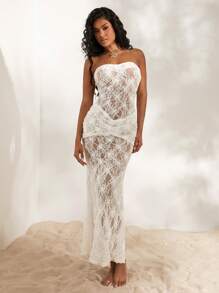 Opulessa Vestido de punto de unicolor con encaje y silueta ceñida para mujeres - Blanco - Ver 3