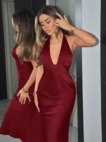 SHEIN ICON Sexy Backless Halter Neck Y2K Sexy Holiday New Years Burgundy Semi Formal Sexy Party Satin Long Dress - Burgundy - View 4