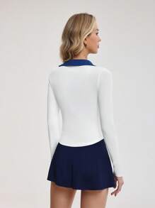 Gameset SHEIN Sport 女士休闲纯色长袖运动 Polo 衫，简约时尚，适合日常穿着 - 白色 - 查看 2