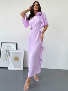 Firerie Vestido corto de manga corta, de cintura alta y corte evasé, en color rosa-púrpura, con volantes y estampado floral, elegante y romántico, ideal para el Día de San Valentín, el Ramadán o de vacaciones
