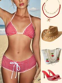 Sweetina 女士夏季沙滩装露背泳衣上衣，带系带装饰和配套泳裤套装，乡村演唱会服装，度假泳装 - 彩色 - 查看 5