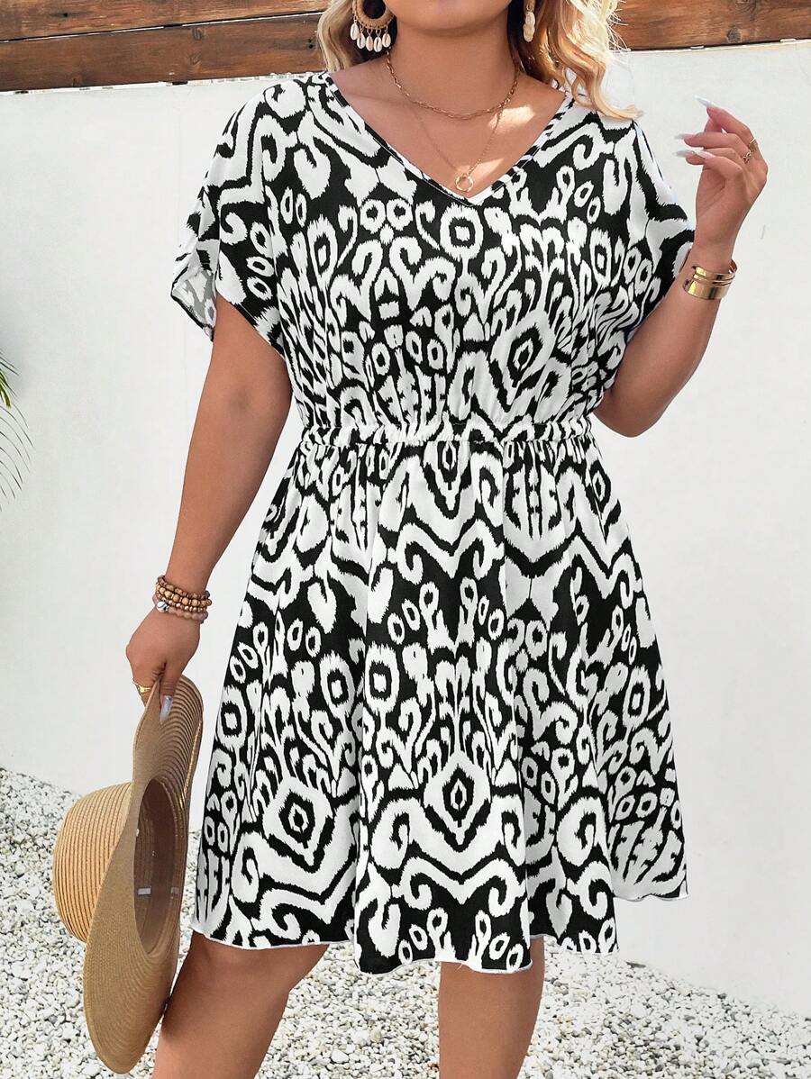 EMERY ROSE 大码女式 V 领复古印花度假连衣裙