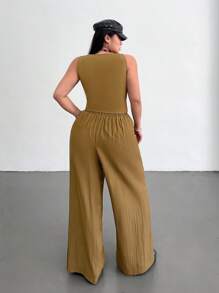 Flirla Plus Size Spring/Summer Solid Color Vintage Inspired Relaxed Versatile Vest Top And Wide Leg Cargo Pocket Pants 2Pcs Set, Suitable For Vacation And Daily Wear