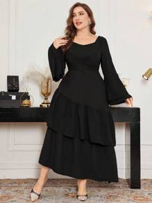Modelyn Plus Size Women Flounced Ruffled Flare Sleeve Elegant Dress, Spring/Summer - Black - View 4