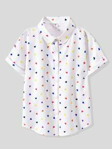 SHEIN Explorewe 少女心形印花短袖单排扣休闲衬衫 - 白色 - 查看 3