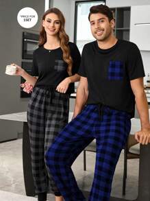 Contrast Plaid Print Patch Pocket Short Sleeve & Long Pants Men Pajama Set - Blue - View 1