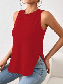 BamGleam 1 件女式纯色圆领侧开衩下摆休闲背心 - 紅色 - 查看 5