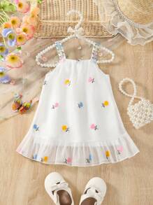 SHEIN Vintaside Kids 女婴花卉图案薄纱吊带连衣裙，可爱休闲海滩度假夏季服装 - 白色 - 查看 1