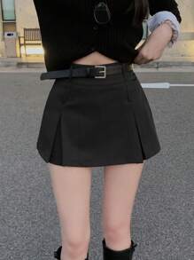 DAZY Women's Casual Solid Color Pleated Minimalist A-Line Skirt, Everyday Leisure - Black - View 3