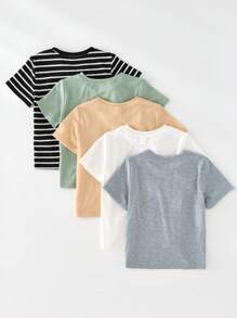 5 Pieces Young Boy Casual Comfortable Cute Graphic Print Fitted Crew Neck Short Sleeve T-Shirt Set, Versatile 5 Styles In 1 Pack, Suitable For Commuting, School, Daily, Casual, Sport, Spring, Summer, Fall, Winter Seasons - Multicolor - View 2