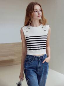 MOTF STUDIO STRIPED BUTTON DECOR SWEATER
