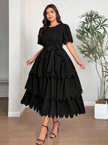 Celure Plus Size Women Puff Sleeve Ruffle Hem Tie-Waist Solid Color Long Dress, Vacation Style, Romantic,Elegant,Wedding Dress