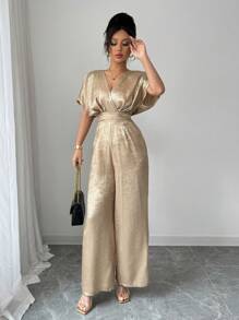Rafferiza Elegant Loose Metallic Shirred V Neck Dolman Sleeves Gathers Waist Pleated Solid Color Jumpsuit - Gold - View 7