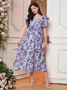 SHEIN Maternity Floral Print Ruffle Trim Belted Dress - Purple - View 4