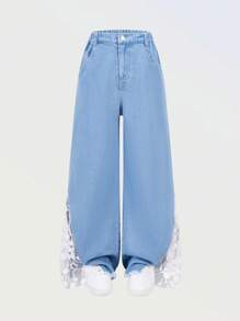 Tween Girls Fashionable And Versatile Lace-Up Soft Denim Jeans Pants, Lightweight Summer Pants For Casual Vacation Wear - Medium Wash - View 1