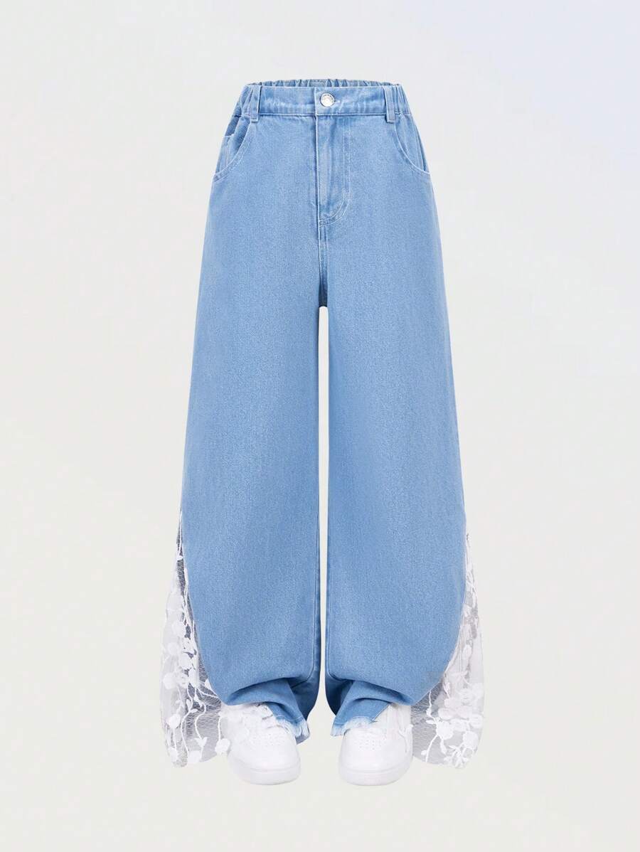 Tween Girls Fashionable And Versatile Lace-Up Soft Denim Jeans Pants, Lightweight Summer Pants For Casual Vacation Wear - Medium Wash - View 1