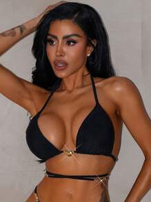 TrendSteals 女式春假系带露背纯色比基尼上衣，性感夏季海滩度假装节日波西米亚风 - 黑色 - 查看 5