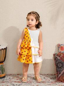 SHEIN Gaun Bayi Perempuan Lucu Motif Bunga Putih Berlapis Bahan Chiffon, Musim Panas - MultiWarna - View 7