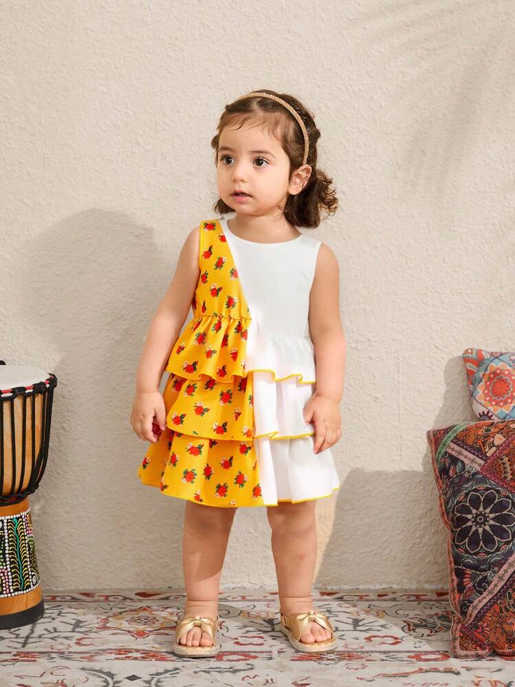 SHEIN Baby Girl Cute Floral Print White Multilayer Chiffon Cake Dress, Summer - Multicolor - View 7