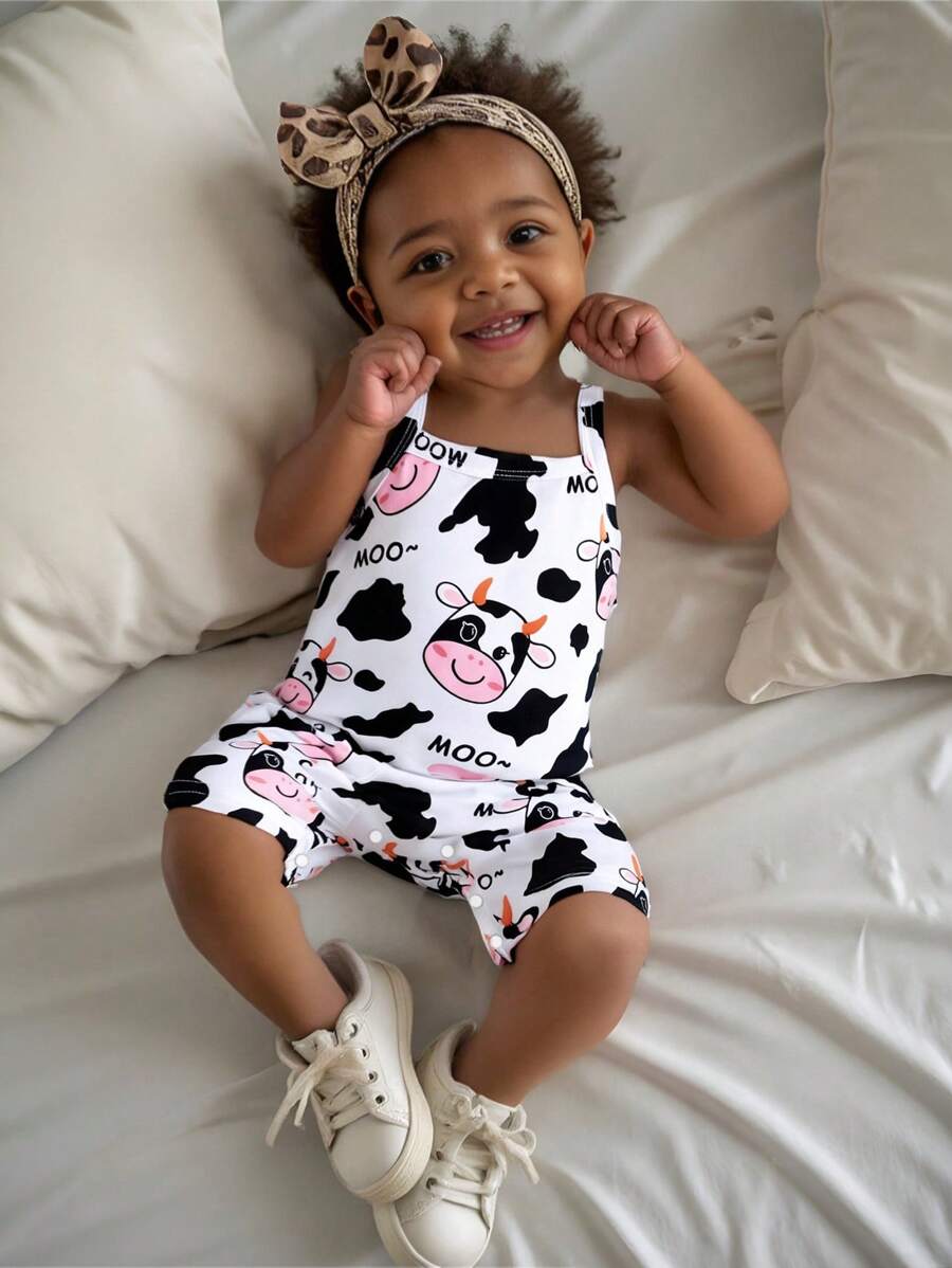 SHEIN Baby Girl Infant Toddler 0-2 Years Cute Cartoon Cow Milk Knitted Romper, Suitable For Home & Outdoor Wear - Black and White - View 1
