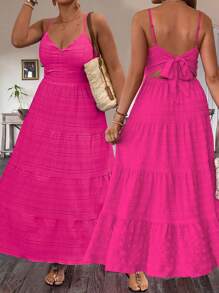 SHEIN Clasi Plus Size Women Summer Solid Color Multi-Layer Ruffled Hem Long Cami Dress Maxi Women Outfit - Hot Pink - View 1