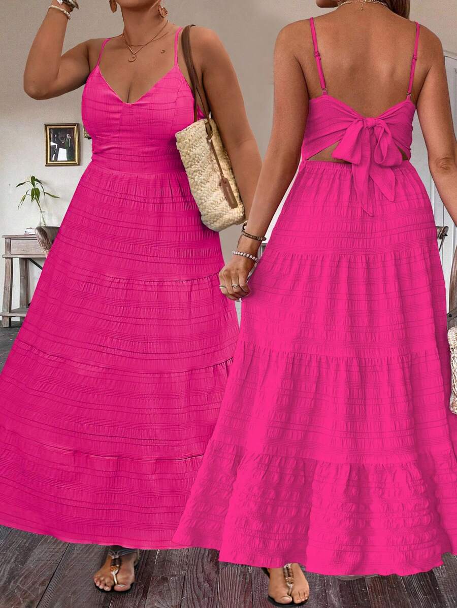 SHEIN Clasi Plus Size Women Summer Solid Color Multi-Layer Ruffled Hem Long Cami Dress Maxi Women Outfit - Hot Pink - View 1