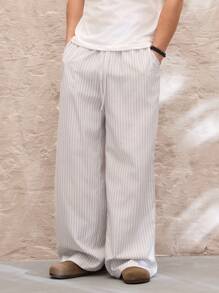 SWAVVY Standard Sized Men's Casual Loose Fit Wide Leg Pants, Light Grey & White Striped, Elastic Waist, Spring/Summer, School