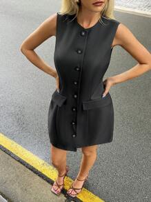 Forever 21 Women's Summer Casual Sleeveless Solid Color Button Front Mini Dress - Black - View 5