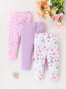 SHEIN Vintaside Kids Conjunto de 3 piezas de mallas con diseño de volantes, estampado de flores y estampado de leopardo para bebé niña, casual y versátil