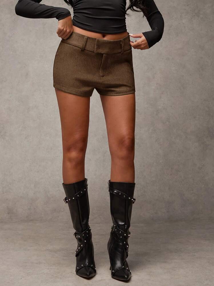 SHEIN BAE Shorts Casuais Sólidos Femininos, Versáteis/Para Sair com Amigos/Escritório/Tons de Cinza Casuais/Para Sair/Estilo Vintage/Casuais/Sarja - Castanho - Visão 3
