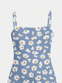 SHEIN Tween Girl Bohemian Style Daisy Print Casual Simple Spaghetti Strap Mid-Length Dress, Suitable For Spring And Summer - Multicolor - View 3