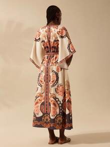 CAJUNI 女士波西米亚风热带印花深 V 领荷叶边袖连衣裙，度假休闲连衣裙 - 彩色 - 查看 3