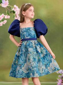 SHEIN Tween Girl Navy Blue Floral Summer Elegant Flowergirl Round Neck Puff Sleeve Jacquard A-Line Cake Dress,Back Big Bow Princess Party Formal Attire - Multicolor - View 4