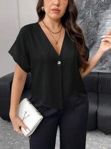 Firerie Blusa holgada de manga corta cómoda con botones metálicos texturizados de diseño único, para talla grande, de uso casual/laboral, apropiada para primavera/verano/otoño
