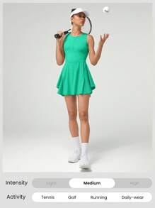 GLOWMODE Serve Lightweight Cutout Back Half Zip Collar Tennis Dress With Built-In Shorts Side Pockets Medium Impact Spring Summer - Green - View 6