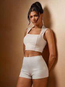 Hauture Women's Square Neck Fitted Off White Tank Top,Elegant Summer Crop Top For Date Night,Concerts,Parties&Clubs,Plain Sweet Heart-Cut Fashion White Top - Apricot - View 5