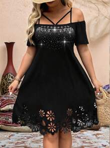 SHEIN LUNE 大码休闲经典黑色水钻饰边和下摆优雅直筒连衣裙，适合夏季 - 黑色 - 查看 1