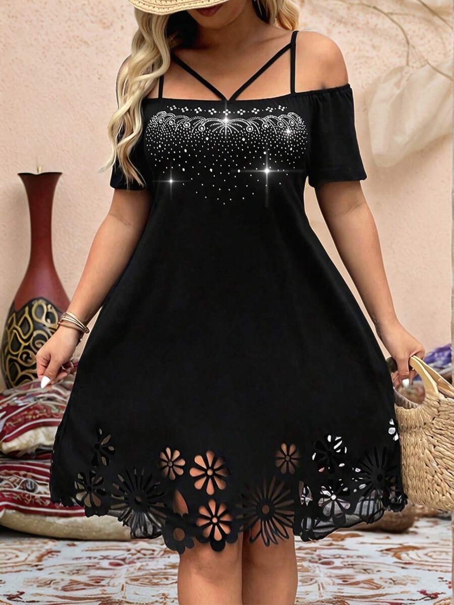 SHEIN LUNE 大码休闲经典黑色水钻饰边和下摆优雅直筒连衣裙，适合夏季 - 黑色 - 查看 1