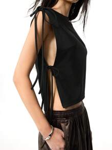 LYSMO 女式简约纯色系带侧开衩休闲背心