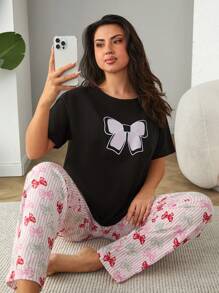 RueChic Women Cotton Plus Size 2 Pcs Contrast Colour Bow Detail Short Sleeve Shirt And Striped&Bow Pattern Detail Sleep Bottom PJ Set - Black - View 1