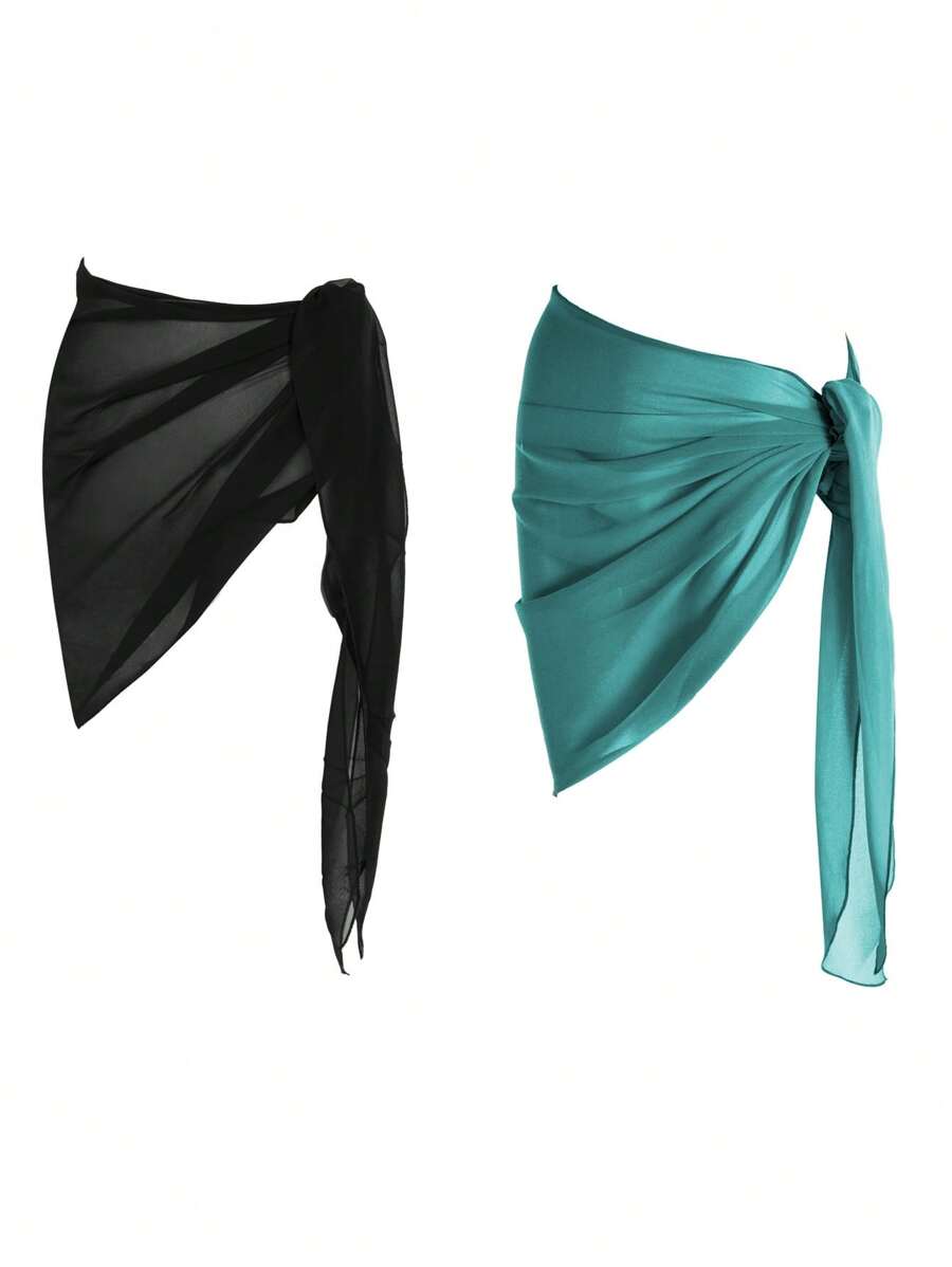 SHEIN Swim 2pcs Set: Solid Color Beach Cover Up & Mesh Skirt For Summer Beach Vacation - Teal Blue - View 1