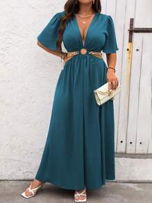 SHEIN Clasi 加大深 V 领镂空腰部开叉大腿连衣裙长款女装 - 水鴨藍 - 查看 5