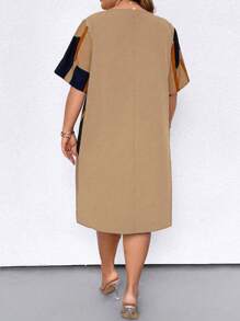 EMERY ROSE Plus Size Women Casual Patchwork Printed 3/4 Sleeve Loose Dress, Summer - Khaki - View 2