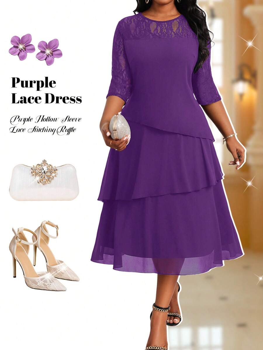 Fleurora Plus Size Women Business Professional Purple Hollow Sleeve Lace Stitching Ruffle Layered Midi Dress Teacher Clothes Teacher Dress Fall Dresses Lace Dresses Four Seasons