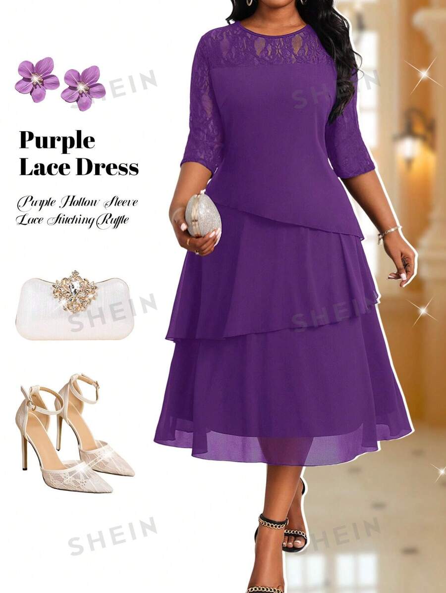 Fleurora Vestido midi de encaje con costuras, volantes y mangas huecas, para mujeres de talla grande, profesionales de negocios, en color púrpura. Ropa y vestidos de profesora, vestidos de otoño, vestidos de encaje, para las cuatro estaciones